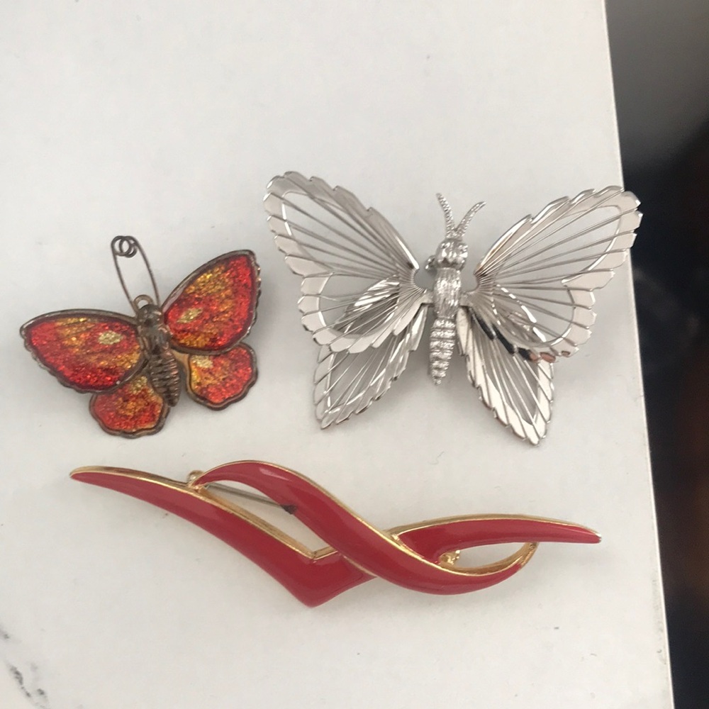 Set of Red and Silver Butterfly & Wave Decorative Pins